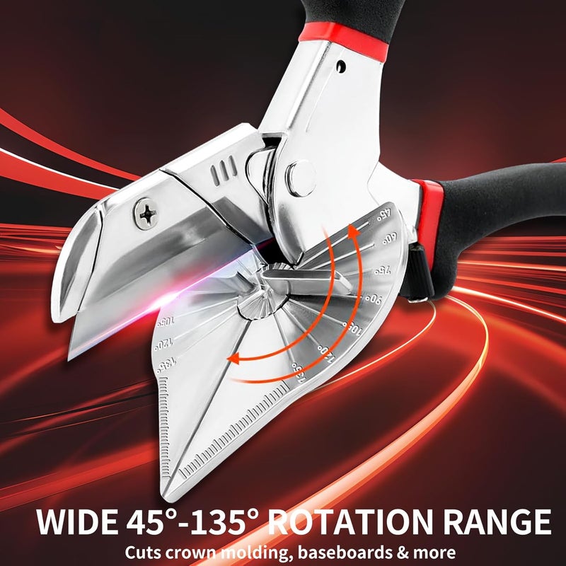 OOMDMI Multi Angle Miter Shear - Upgrade Quarter Round Cutting Tool with 12pcs Replacement Sharp Blades, 45-135° Adjustable Angle, Trim Cutter Hand Tool for Plastic, Wood Trim Molding (Black Red Handle) - Image 2